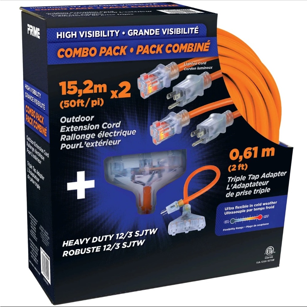 PRIME 2-Pack 50ft 12/3 Heavy Duty Outdoor Extension Cords w/ Light NEW
